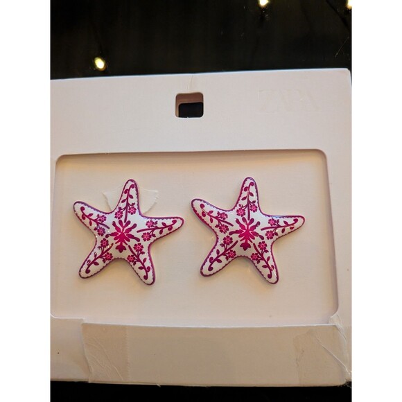 ZARA Starfish Earrings Boho Pink White Floral Nautica Beach Portugal Tile Enamel - Picture 1 of 9